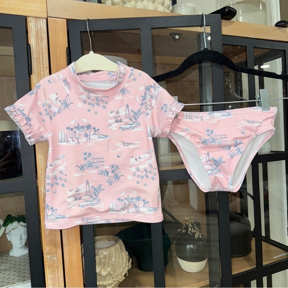 Janie & Jack x Gray Malin toile print rashguard swimsuit set toddler girl ruffle - Picture 1 of 14